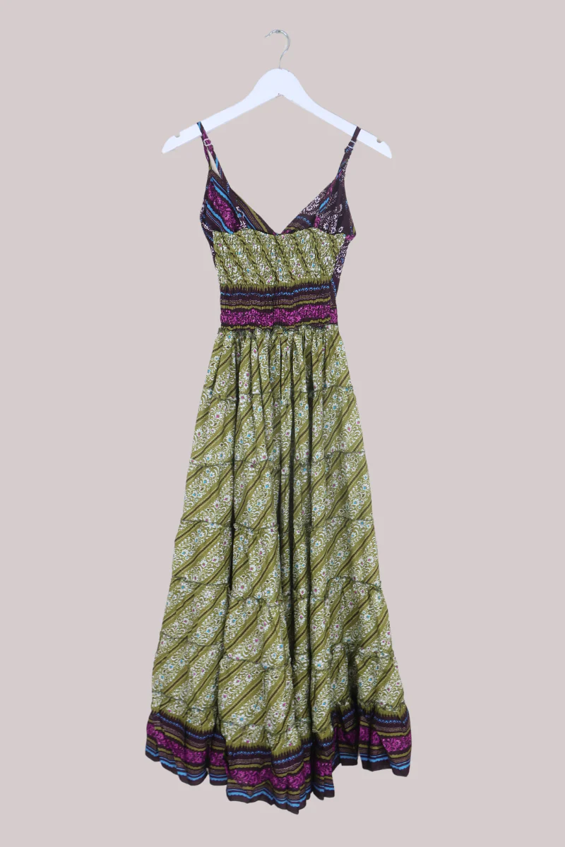 Delilah Recycled Sari Maxi Dress in Olive & Violet Florals - Size XS - Image 3