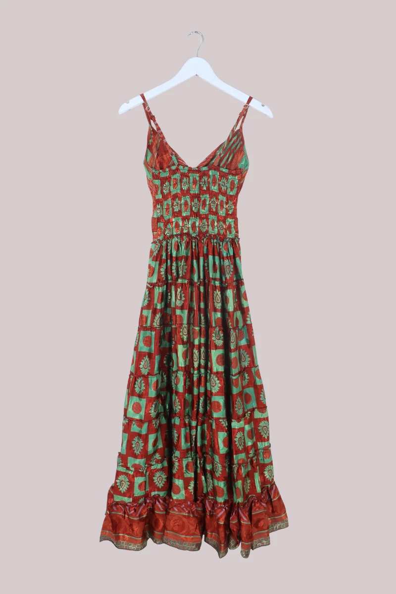 Delilah Recycled Sari Maxi Dress in Burnt Orange & Lime - Size XS - Image 3