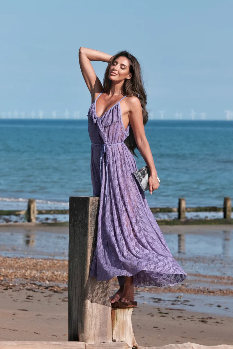 Delphi Maxi Dress in Periwinkle Purple Chantilly Lace - Image 3