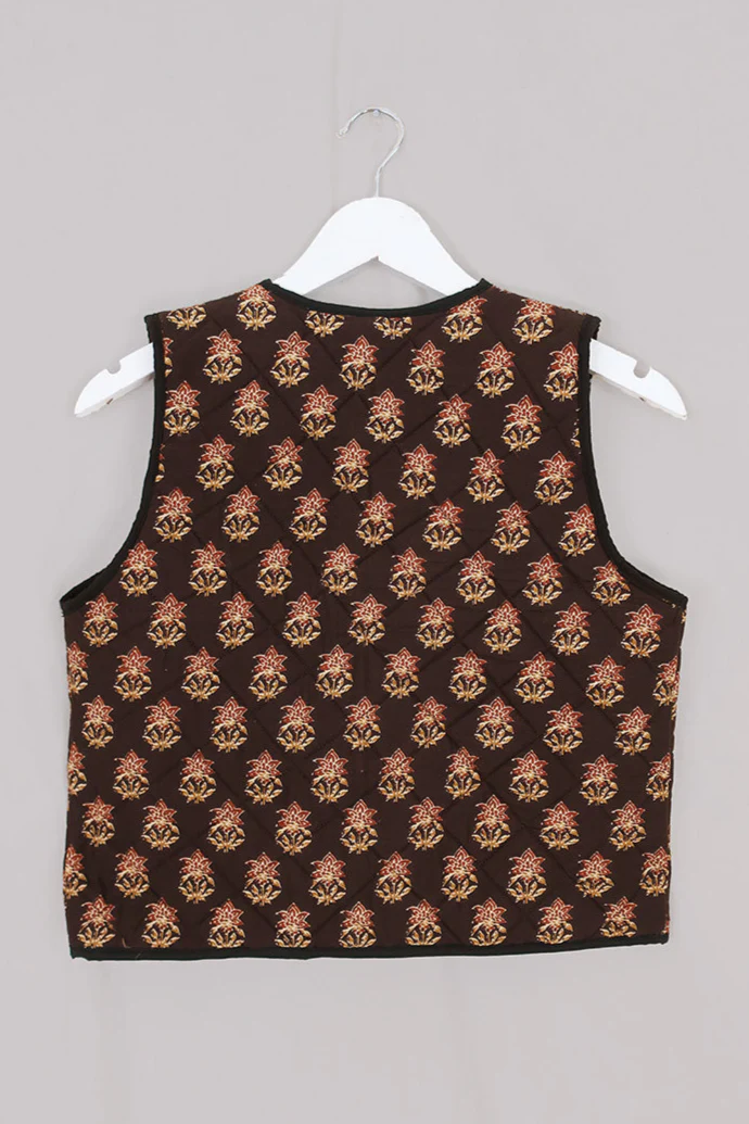 Dixie Quilted Waistcoat Top in Saddle Brown Block Print Floral - Image 6