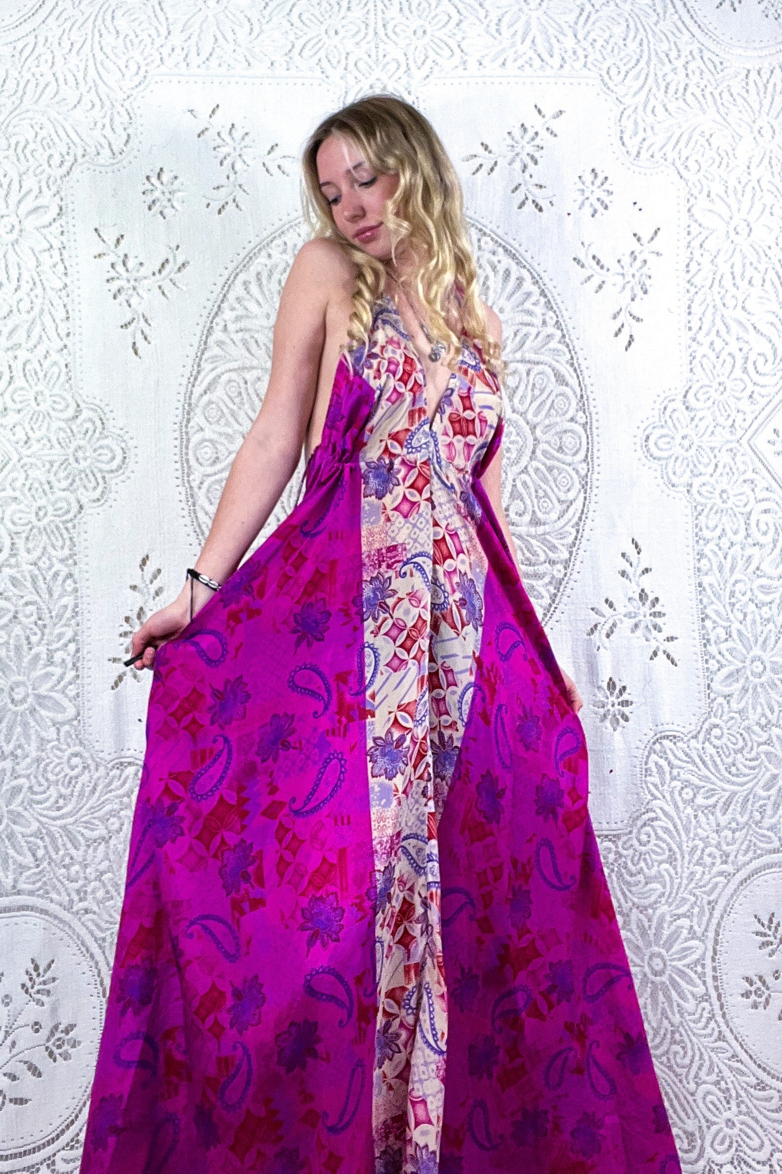 Eden Halter Maxi Dress - Vintage Sari - Psychedelic Fuchsia Paisley - Free Size S/M - Image 3