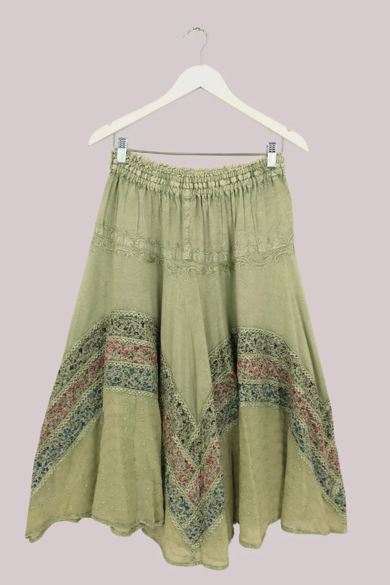 Embroidered A-Line Midi Skirt in Dusty Sage Floral - Free Size - Image 3