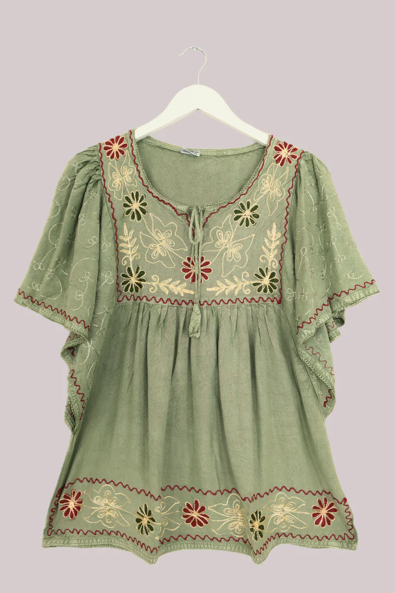 Embroidered Tunic Smock Top in Dusty Sage - Free Size - Image 2