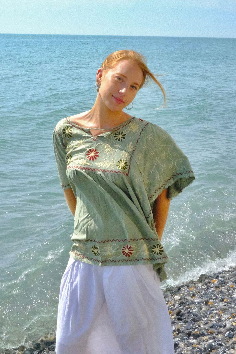 Embroidered Tunic Smock Top in Dusty Sage - Free Size - Image 3