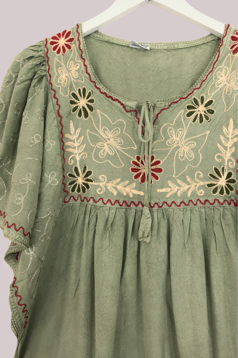 Embroidered Tunic Smock Top in Dusty Sage - Free Size - Image 4