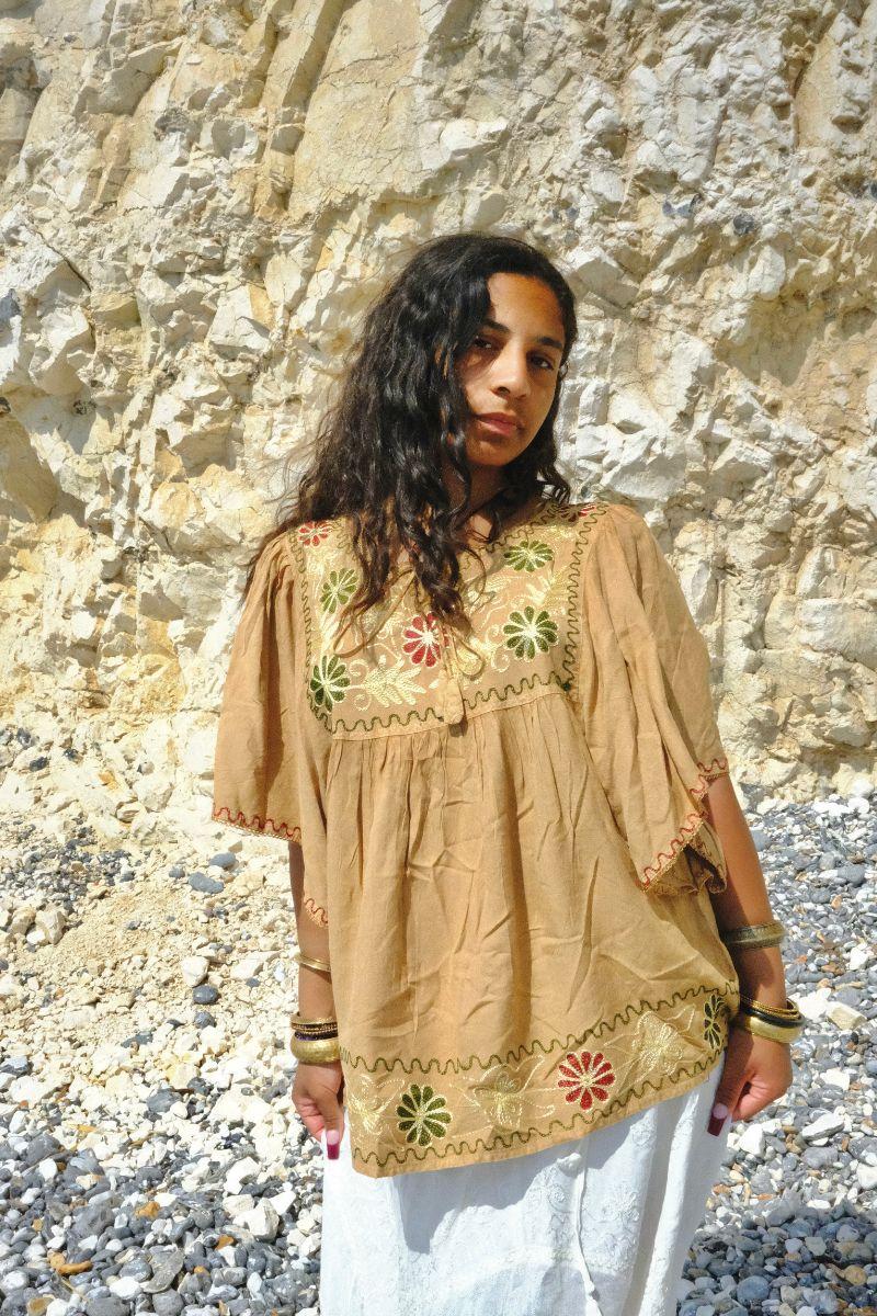 Embroidered Tunic Smock Top in Honey Beige - Free Size - Image 3