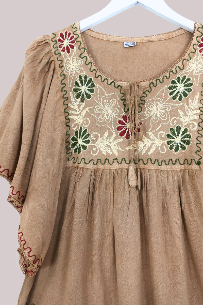 Embroidered Tunic Smock Top in Honey Beige - Free Size - Image 4