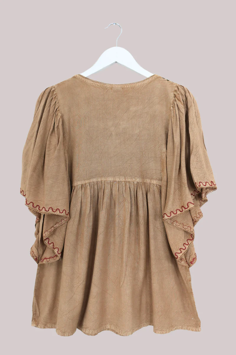 Embroidered Tunic Smock Top in Honey Beige - Free Size - Image 5