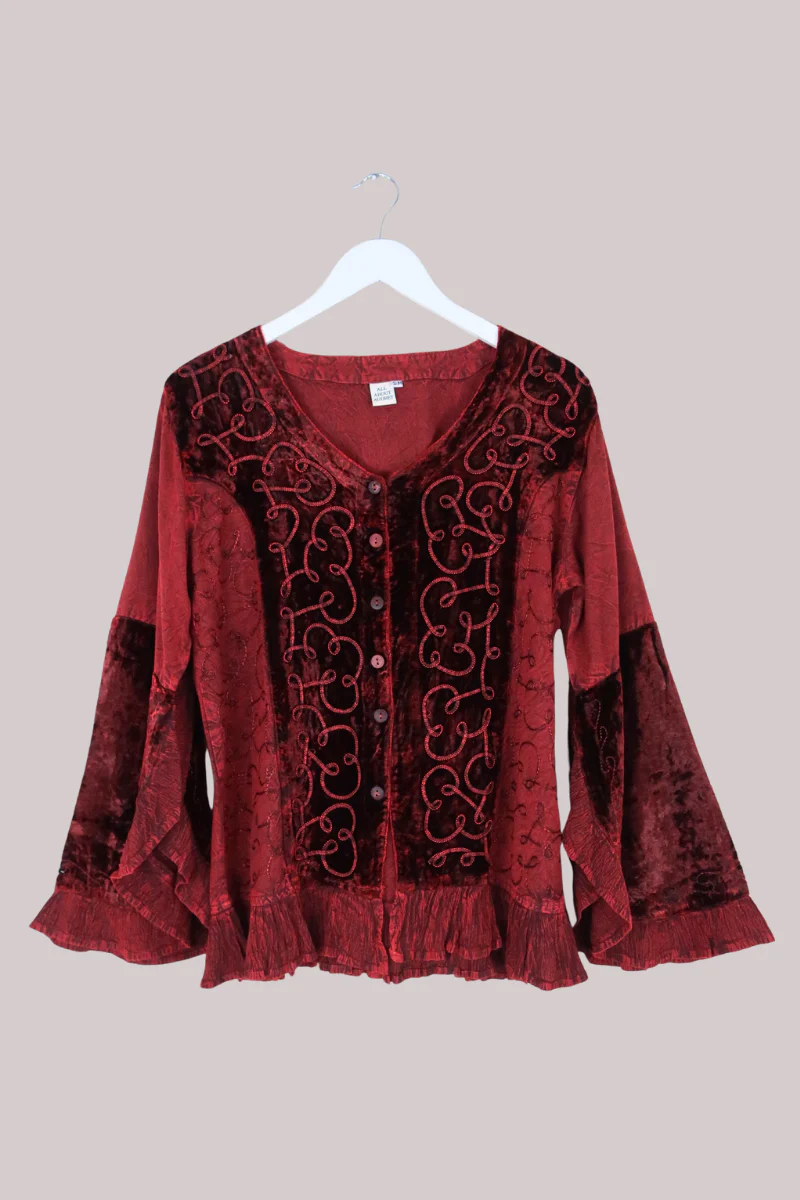 Embroidered Velvet Frill Sleeve Blouse in Crimson Red - Image 2