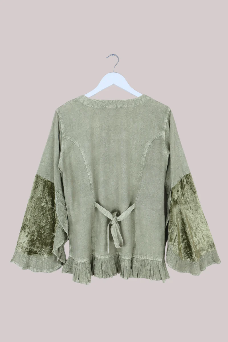 Embroidered Velvet Frill Sleeve Blouse in Dusty Sage - Image 5