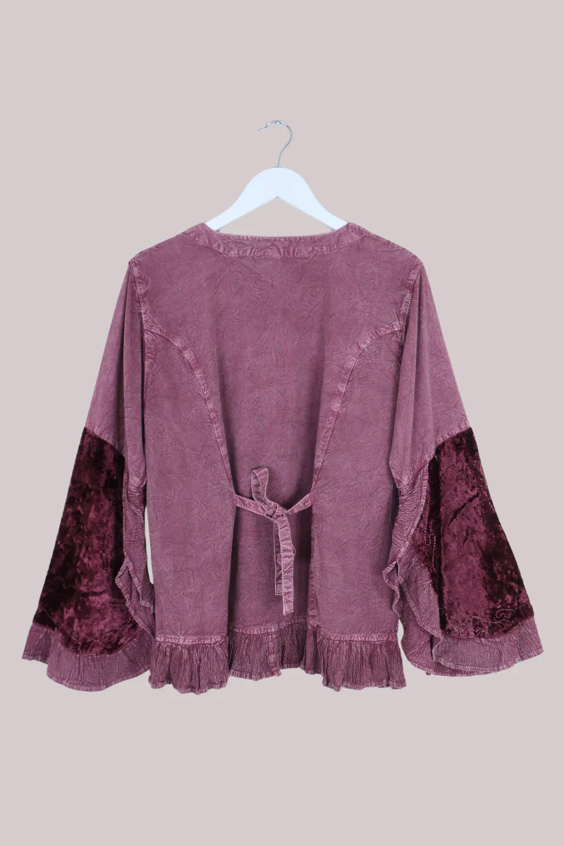 Embroidered Velvet Frill Sleeve Blouse in Midnight Mauve - Image 6