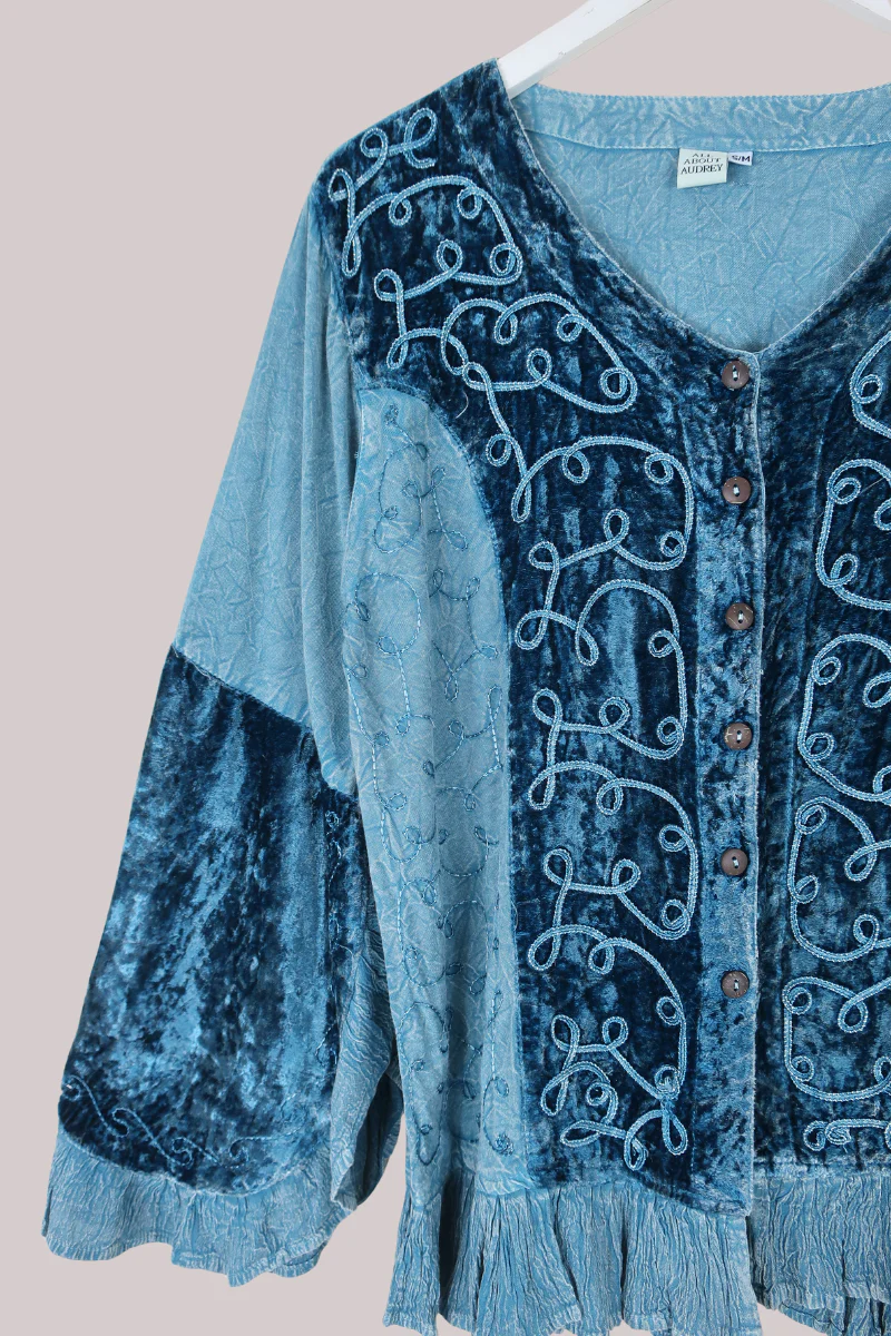 Embroidered Velvet Frill Sleeve Blouse in Oceanic Blue - Image 2