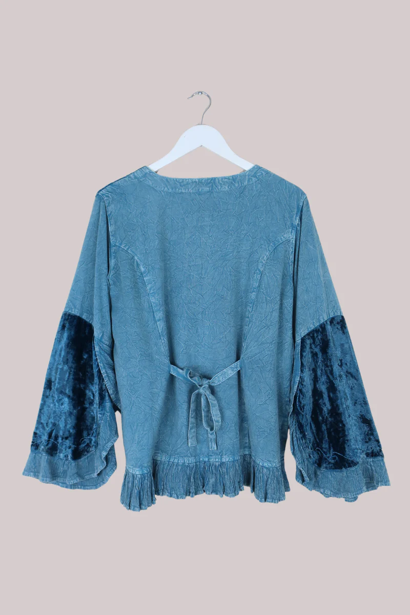 Embroidered Velvet Frill Sleeve Blouse in Oceanic Blue - Image 3