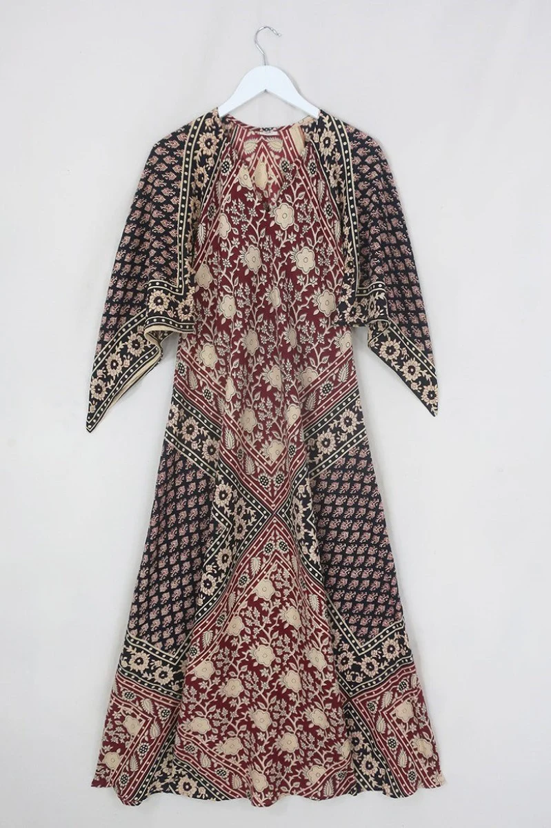 Emmylou Maxi Dress in Cherry Red & Black  Patchwork Block Print - Image 2