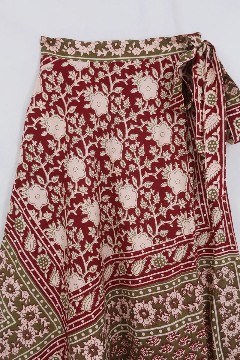 Emmylou Wrap Skirt in Rose Hip Red & Green Patchwork Block Print - Image 3