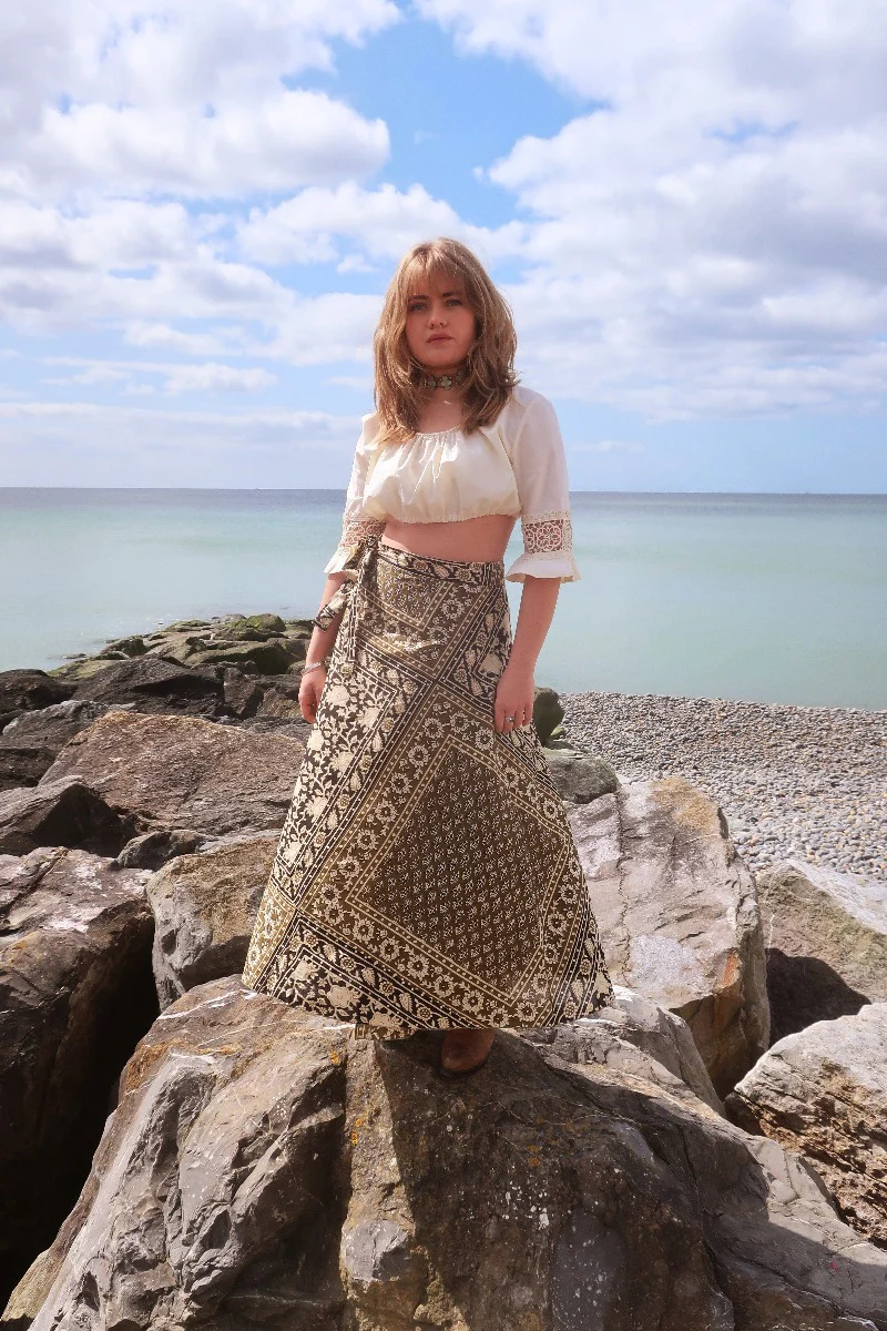 Emmylou Wrap Skirt in Tarragon Green & Black Patchwork Block Print - Image 3