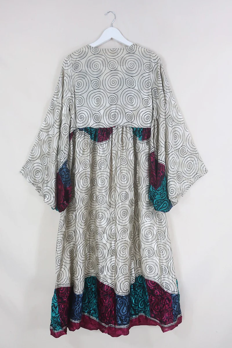 Fleur Bell Sleeve Maxi Dress - White Gold Waves & Teal Paisley - Vintage Sari - S - M/L - Image 4
