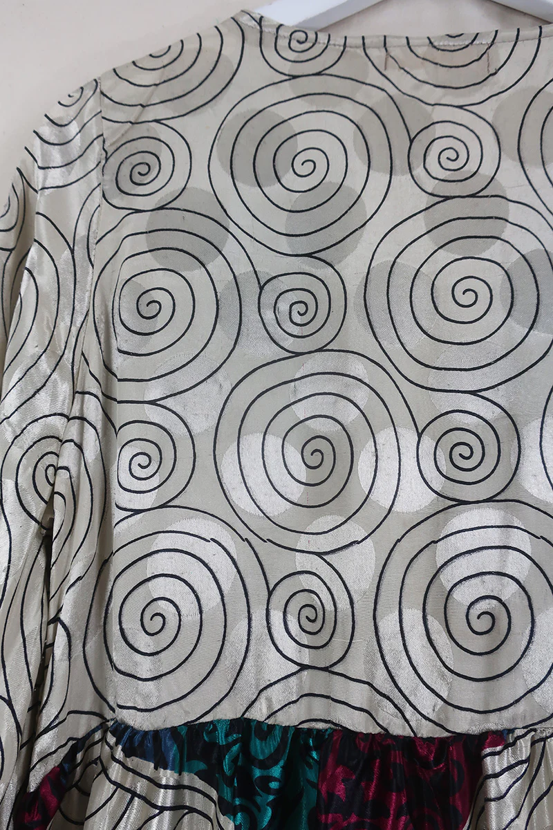 Fleur Bell Sleeve Maxi Dress - White Gold Waves & Teal Paisley - Vintage Sari - S - M/L - Image 9