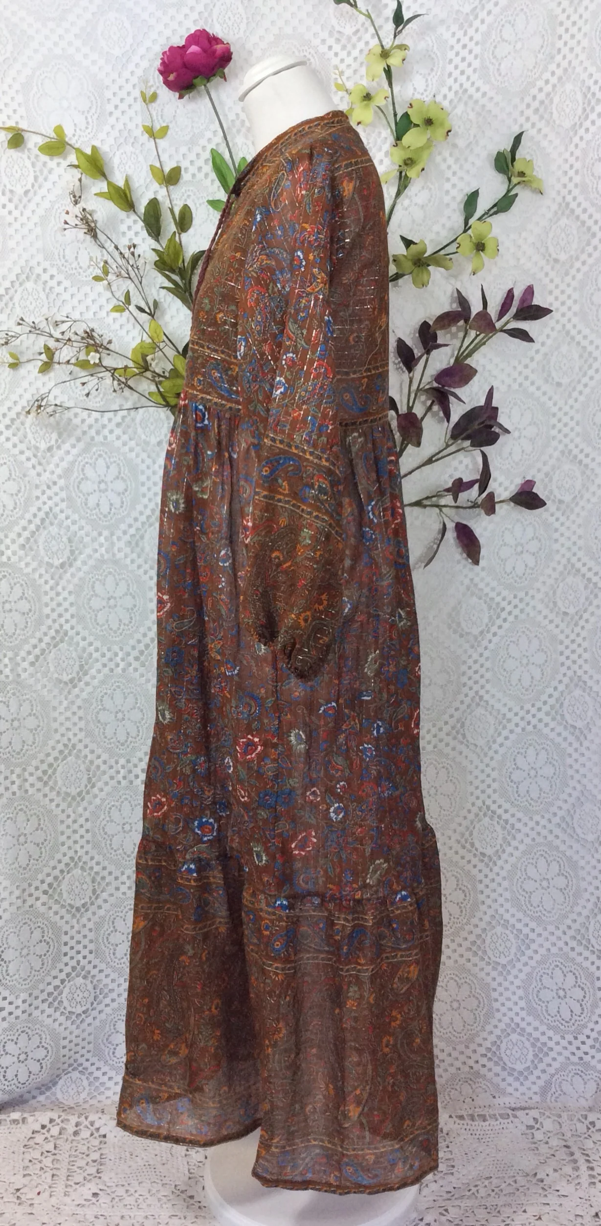 SALE Florence Dress - Sparkly Indian Cotton Smock Dress - Chestnut & Cobalt Floral Paisley - Size XS - Image 4