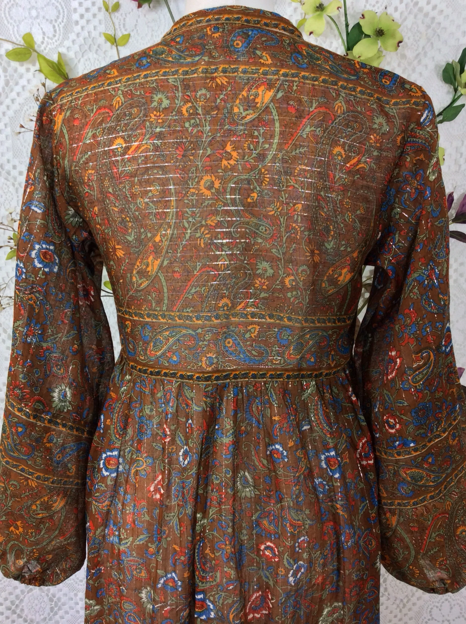 SALE Florence Dress - Sparkly Indian Cotton Smock Dress - Chestnut & Cobalt Floral Paisley - Size XS - Image 6