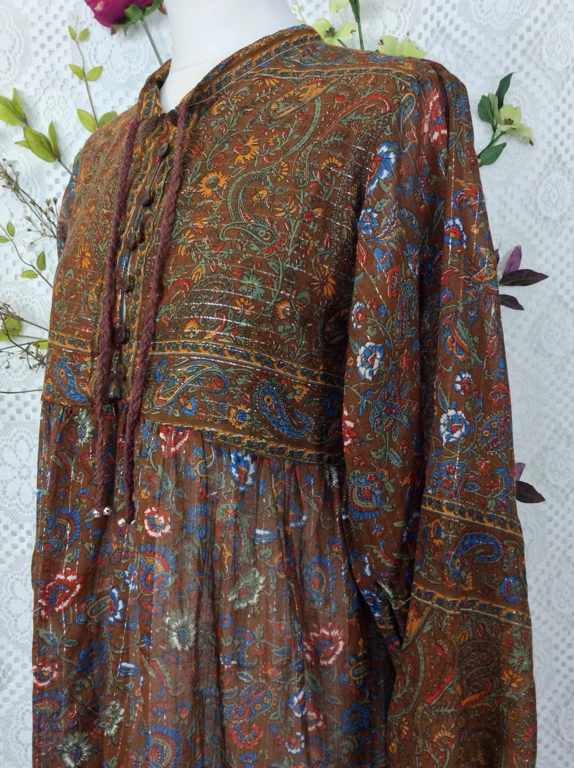 SALE Florence Dress - Sparkly Indian Cotton Smock Dress - Chestnut & Cobalt Floral Paisley - Size XS - Image 7