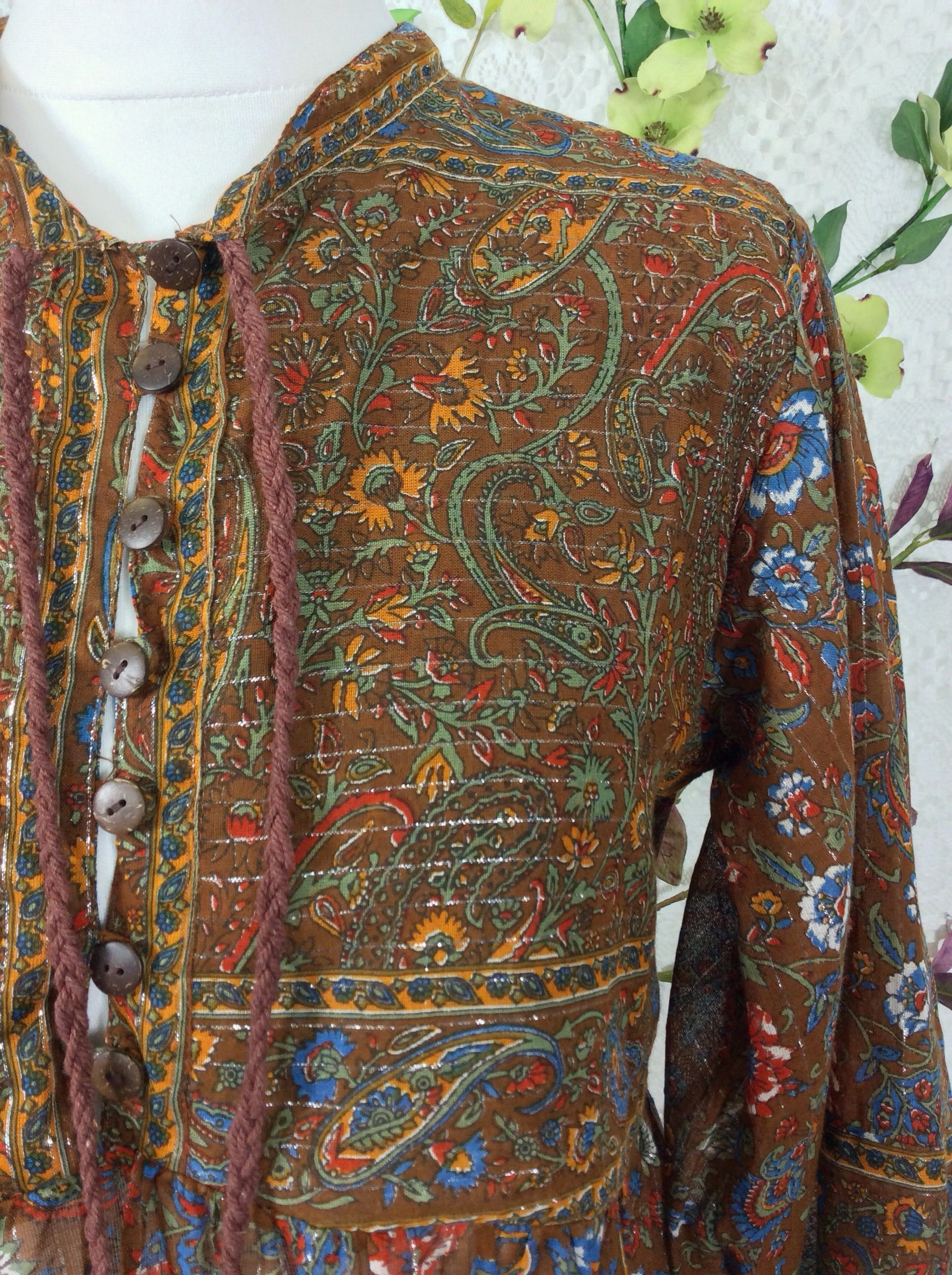 SALE Florence Dress - Sparkly Indian Cotton Smock Dress - Chestnut & Cobalt Floral Paisley - Size XS - Image 9