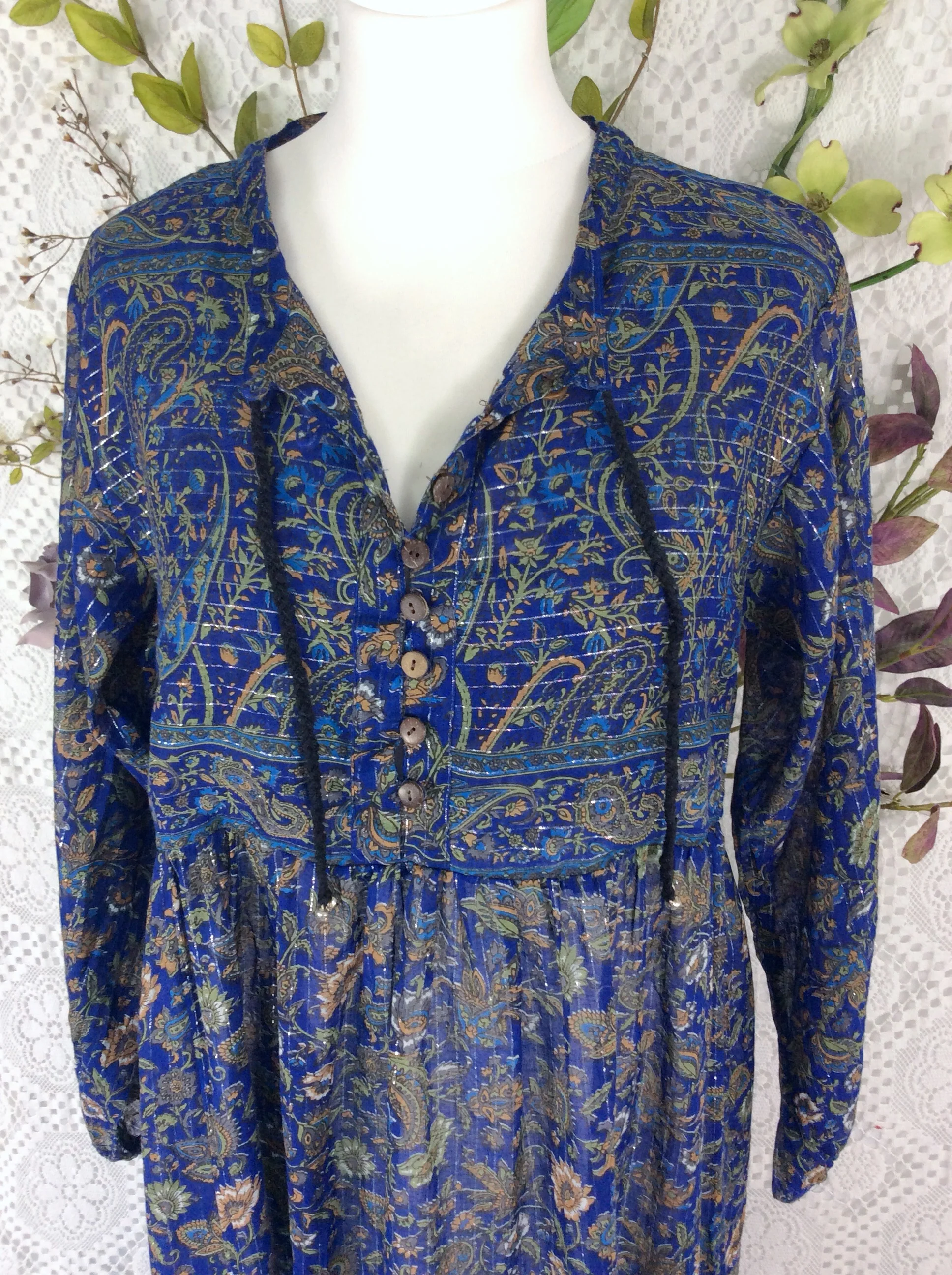 SALE Florence Dress - Sparkly Indian Cotton Smock Dress - Midnight Blue & Sage - Size XS - Image 6
