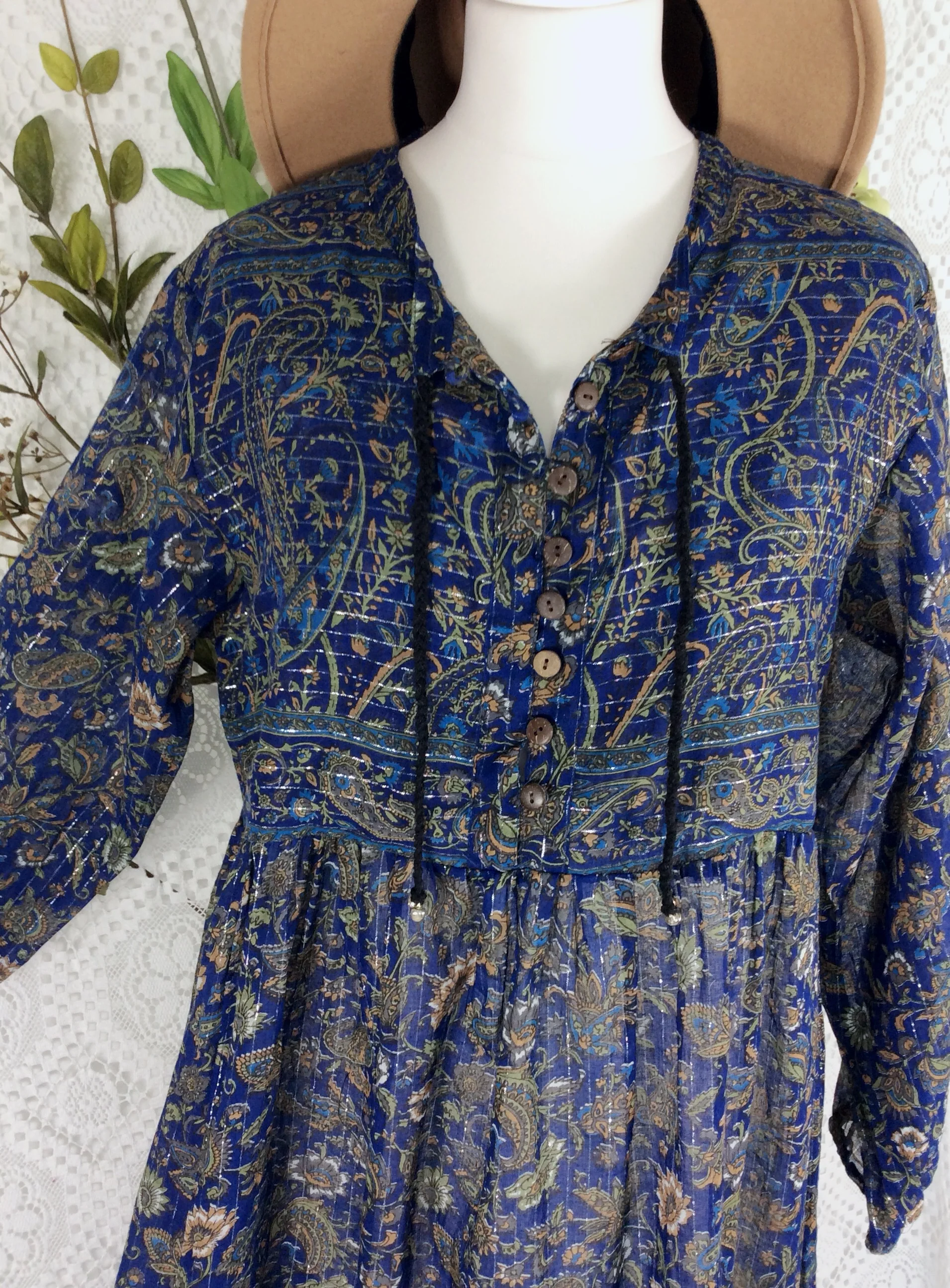 SALE Florence Dress - Sparkly Indian Cotton Smock Dress - Midnight Blue & Sage - Size XS - Image 8