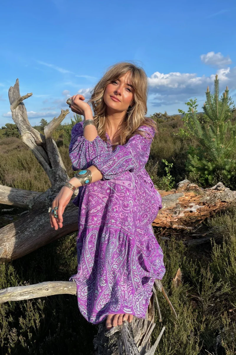 Florence Maxi Dress in Orchid Purple Paisley Floral - Image 2