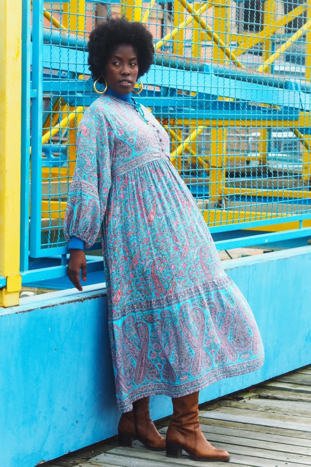 Florence Midi Dress in Powder Blue & Peach Paisley Floral - Image 3