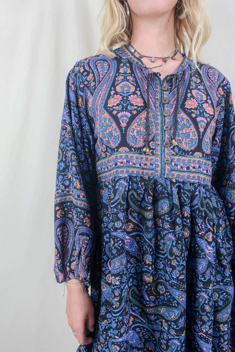 Florence Mini Dress in Midnight Sapphire Paisley Floral - Image 2