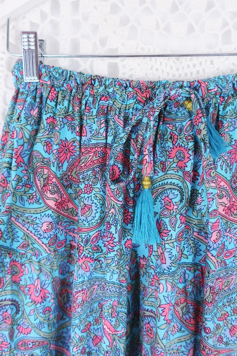 Florence Prairie Skirt in Powder Blue & Peach Paisley - Free Size - Image 3
