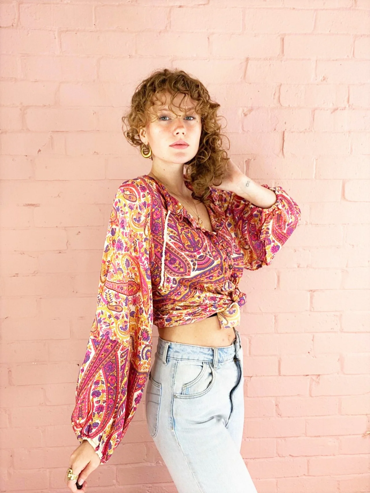 Florence Smock Top in Ivory & Violet Rose Paisley Floral - Image 3