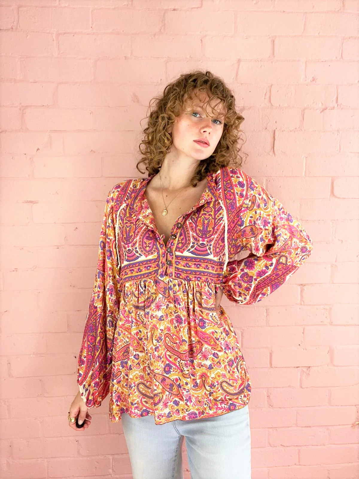 Florence Smock Top in Ivory & Violet Rose Paisley Floral - Image 8