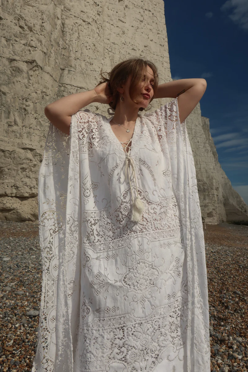 Frida Kaftan Dress in Parisian White Lace - Free Size - Image 7