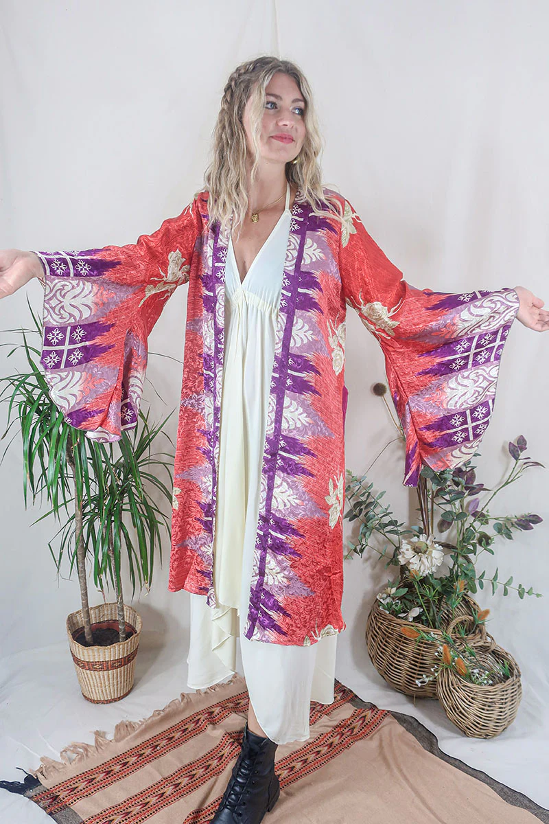 Gemini Kimono - Strawberry Red & Painted Roses - Vintage Indian Sari - Size M/L - Image 2
