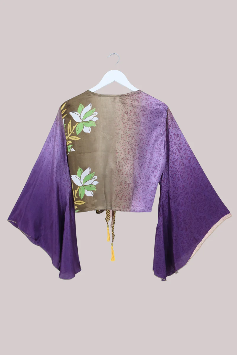 Gemini Recycled Sari Wrap Top in Hibiscus Purple & Cedar - Size L - Image 3