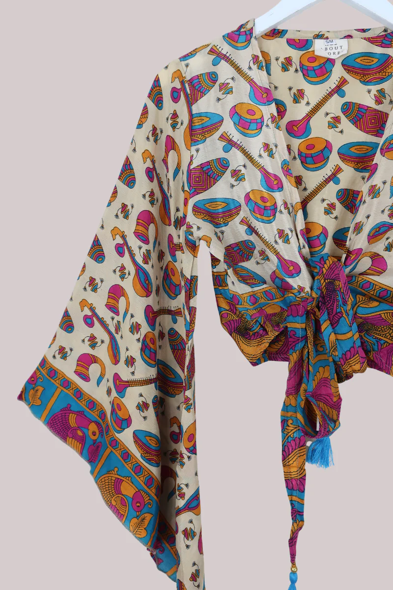 Gemini Recycled Sari Wrap Top in Peacock Festival - Size S/M - Image 2