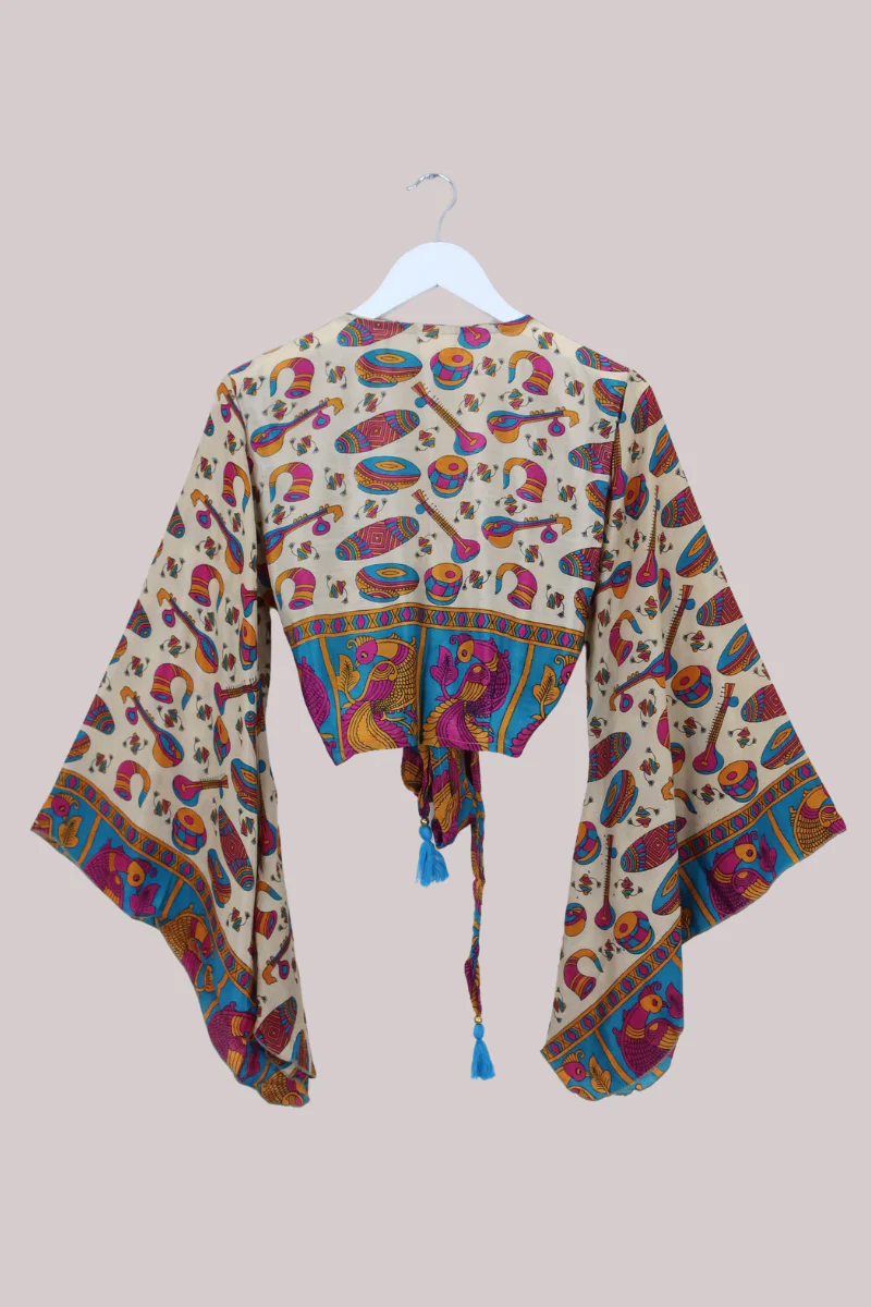 Gemini Recycled Sari Wrap Top in Peacock Festival - Size S/M - Image 3