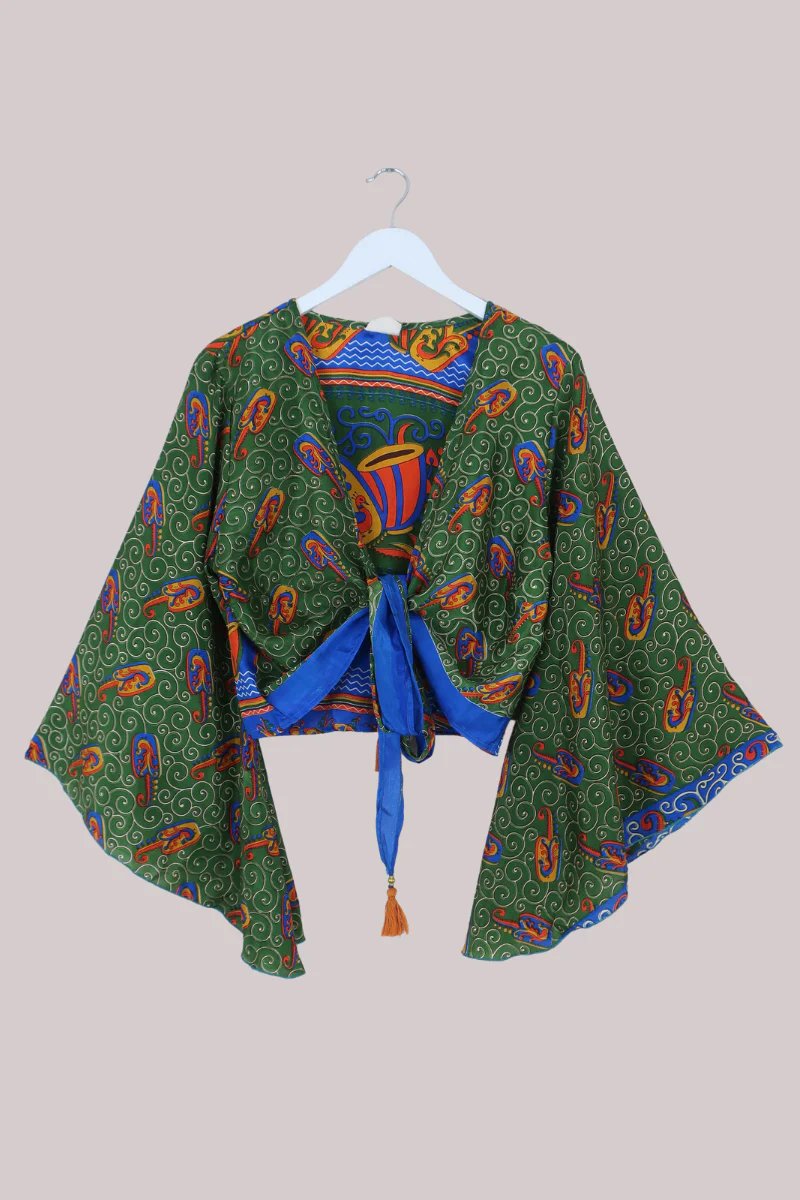 Gemini Recycled Sari Wrap Top in Swirling Jade Peacocks - Size L