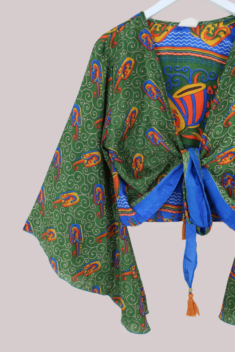 Gemini Recycled Sari Wrap Top in Swirling Jade Peacocks - Size L - Image 2