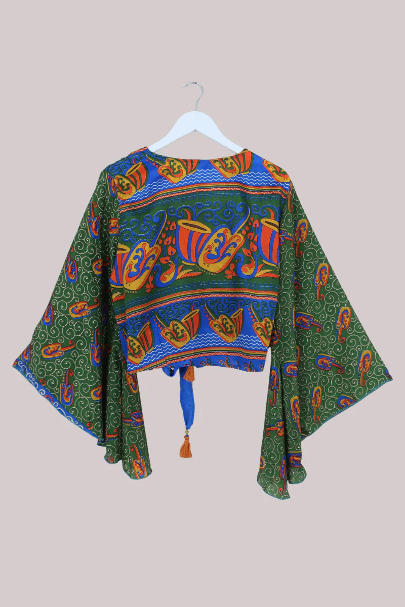 Gemini Recycled Sari Wrap Top in Swirling Jade Peacocks - Size L - Image 3