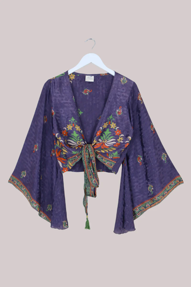 Gemini Recycled Sari Wrap Top in Violet Paisley Garden - Size S/M