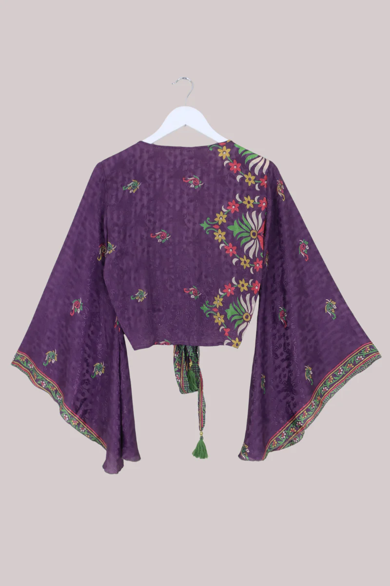 Gemini Recycled Sari Wrap Top in Violet Paisley Garden - Size S/M - Image 3