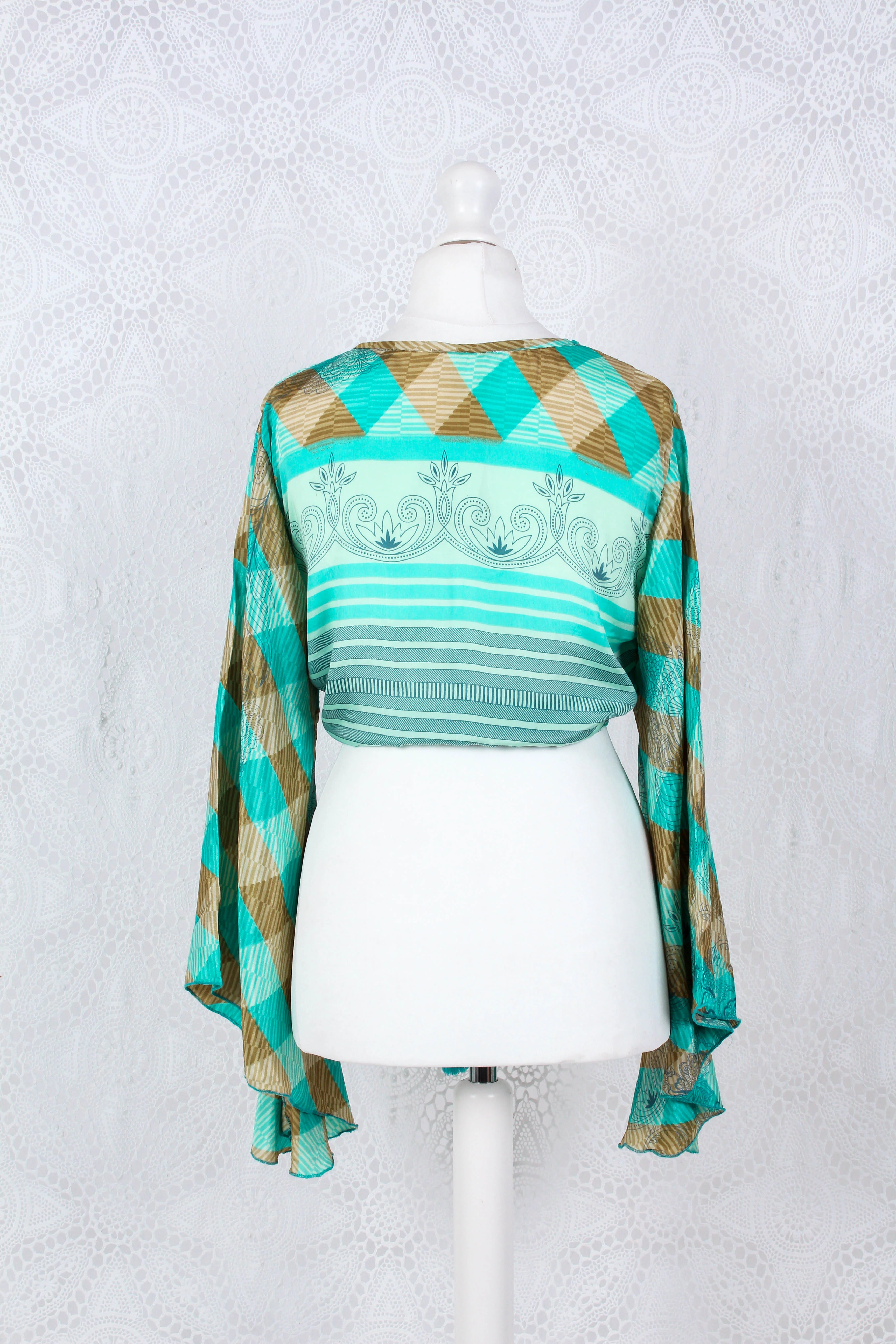 Gemini Wrap Top -  Vintage Indian Sari - Gold & Aqua Blue - Free Size - Image 4