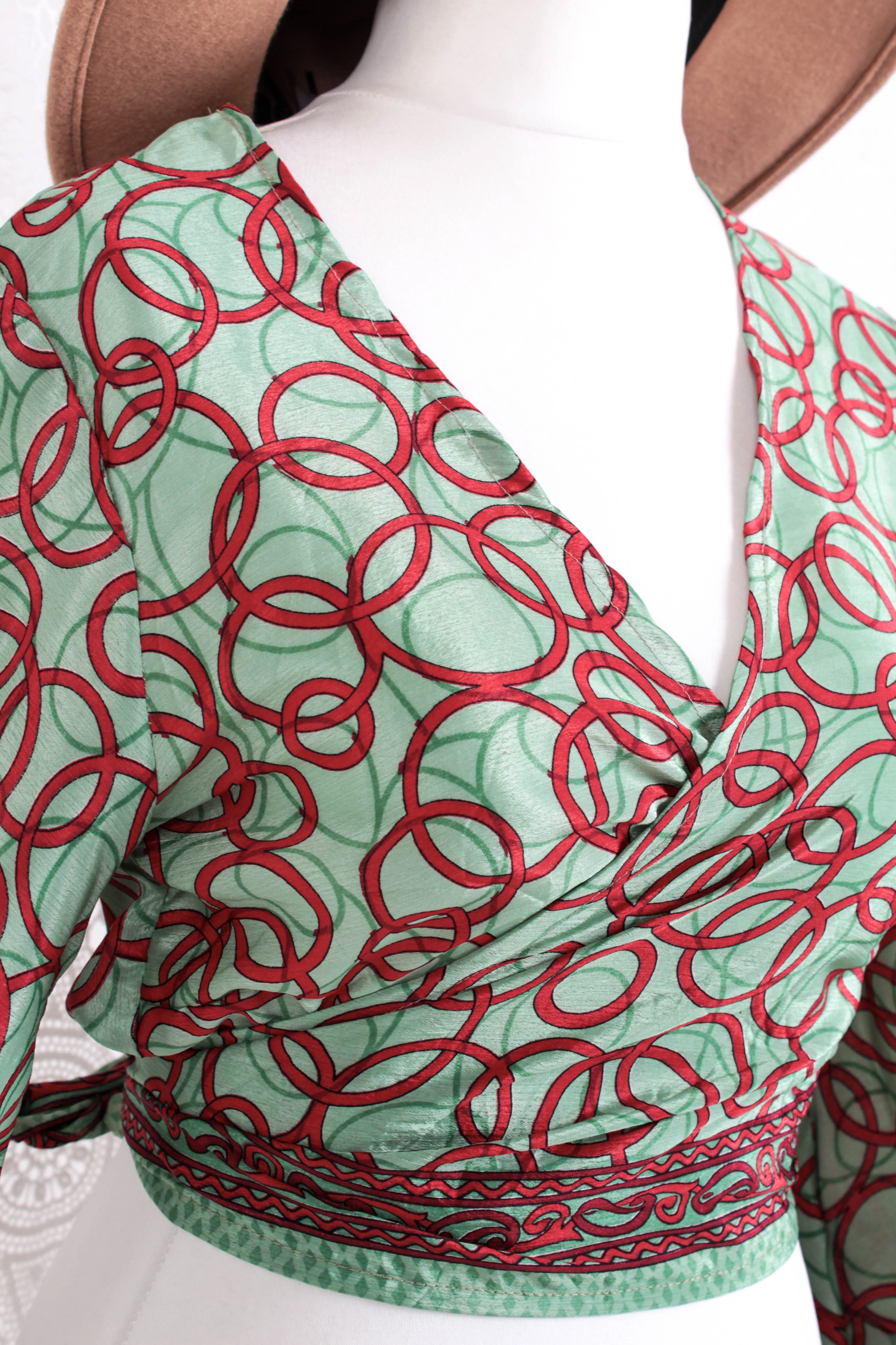 Gemini Wrap Top -  Vintage Indian Sari - Mint & Candy Apple Circles - S/M - Image 3
