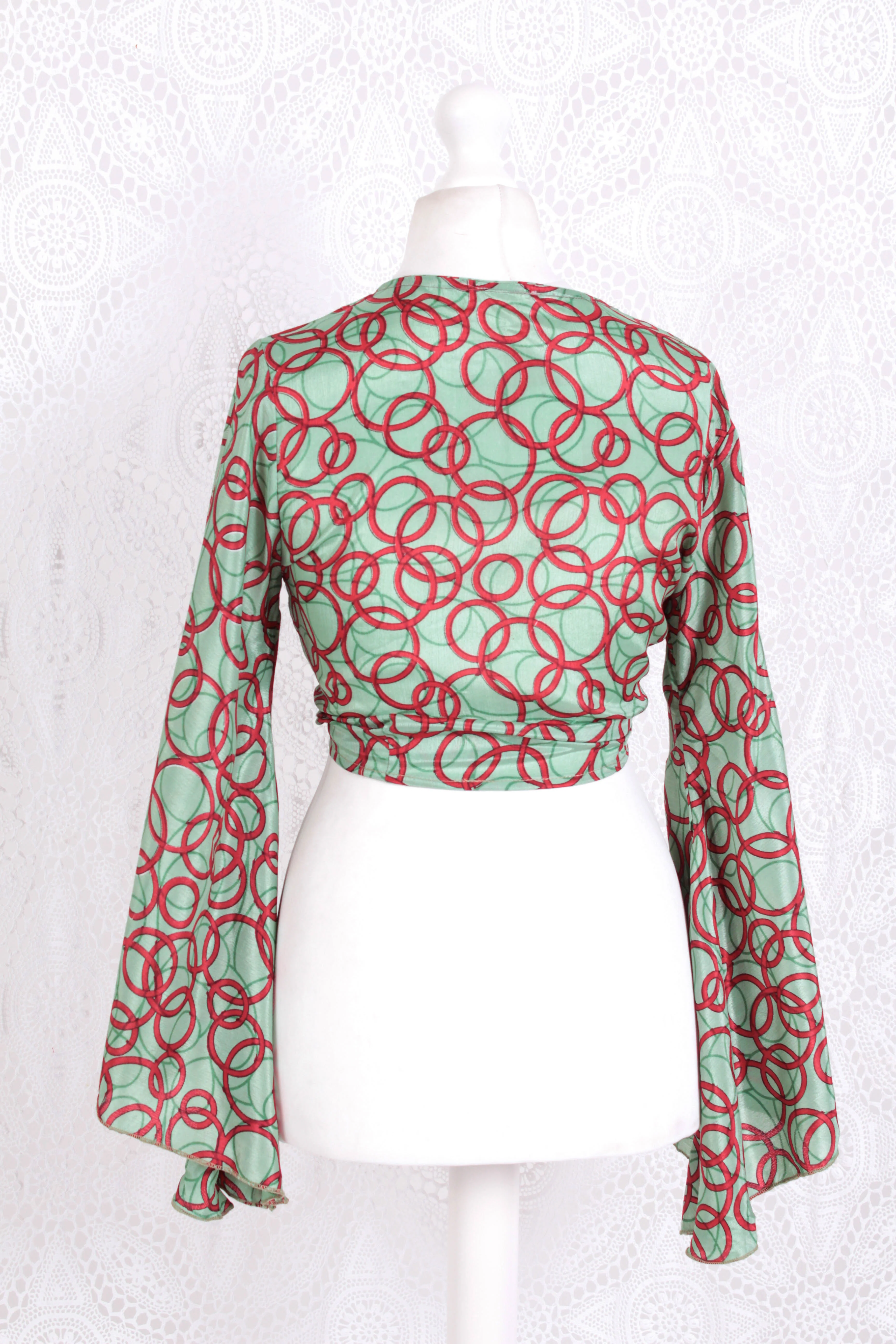 Gemini Wrap Top -  Vintage Indian Sari - Mint & Candy Apple Circles - S/M - Image 4