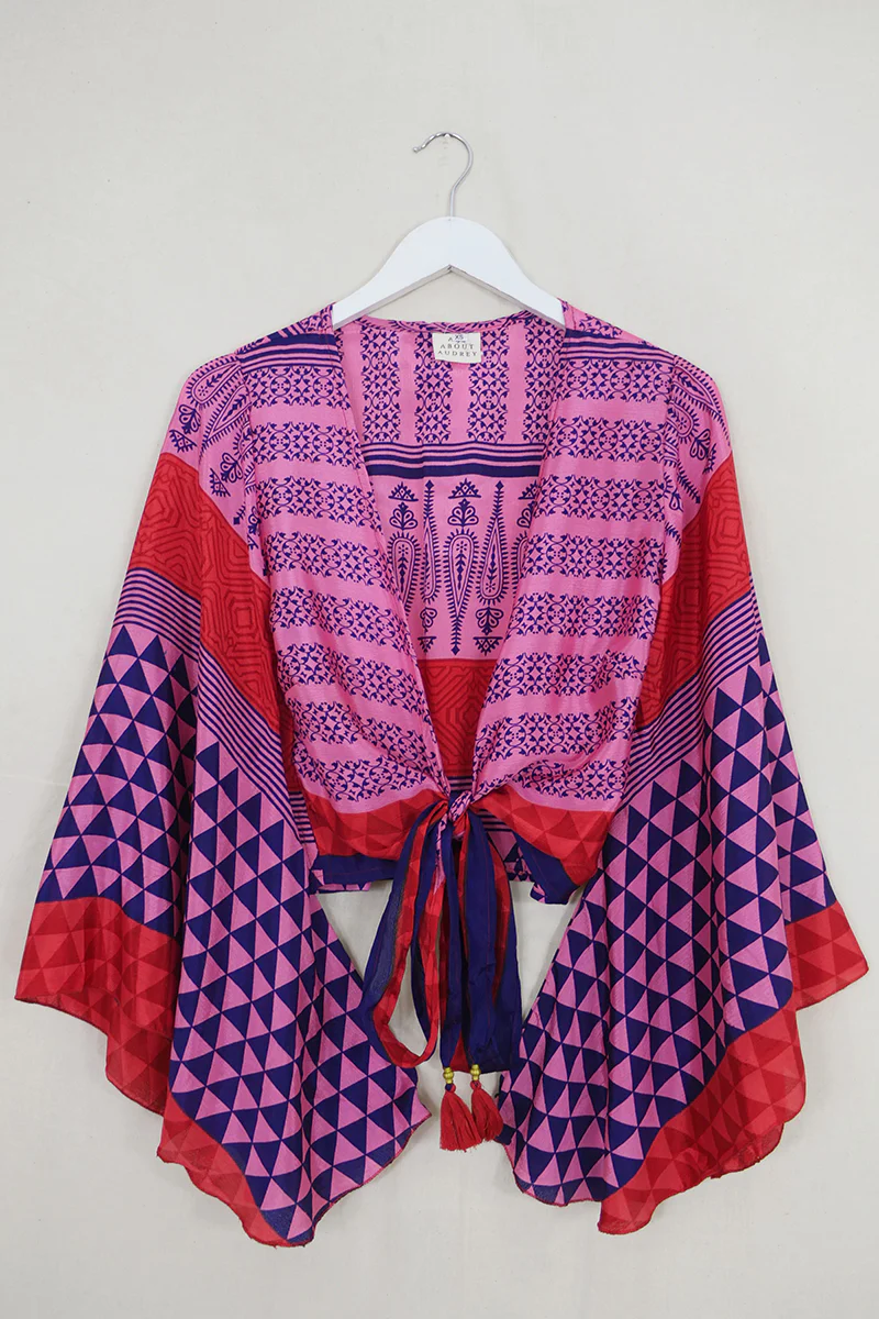 Gemini Wrap Top - Candy Pink & Navy Paisley - Vintage Sari - Size XS