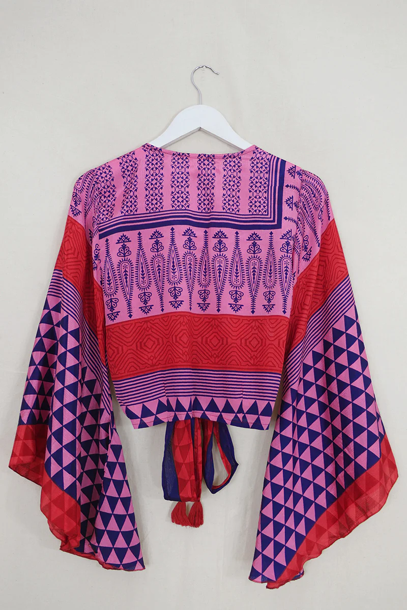 Gemini Wrap Top - Candy Pink & Navy Paisley - Vintage Sari - Size XS - Image 3