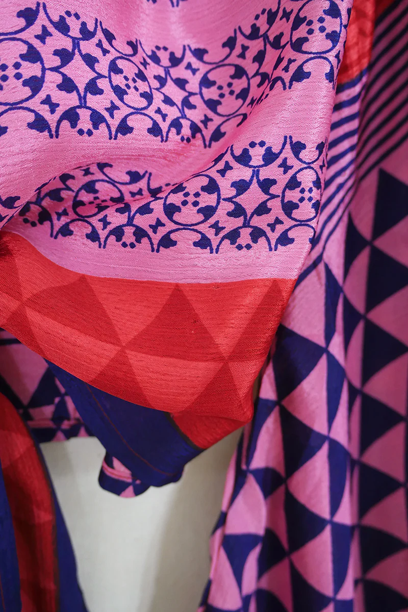 Gemini Wrap Top - Candy Pink & Navy Paisley - Vintage Sari - Size XS - Image 4
